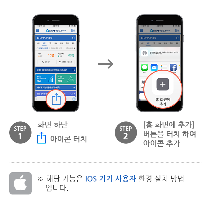 Step1. 하단 화면 즐겨찾기 아이콘 터치, Step2. [홈 화면에 추가]버튼을 터치 하여 아이콘 추가, 해당 기능은 IOS기기 사용자 환경 설치 방법입니다.