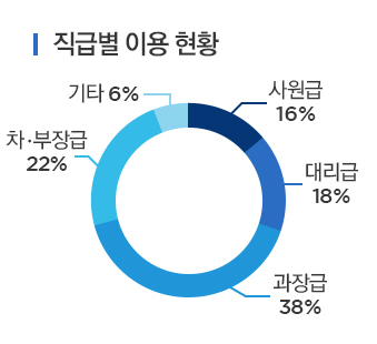 직급별이용현황(사원급16%,대리급18%,과장급38%,차부장급22%,기타6%)